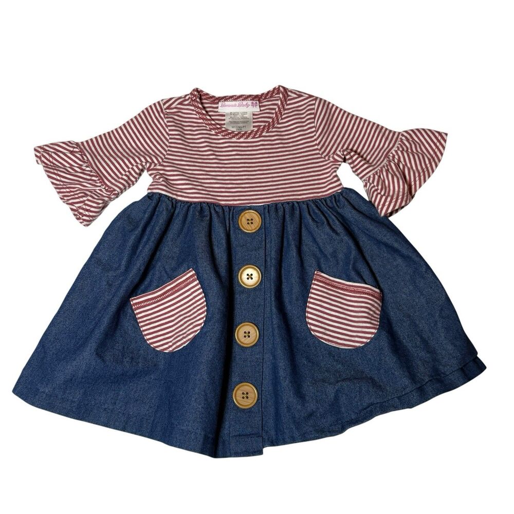 Bonnie Baby Girls Dress 12M Red Stripe Denim Look Button Front Pockets Ruffle